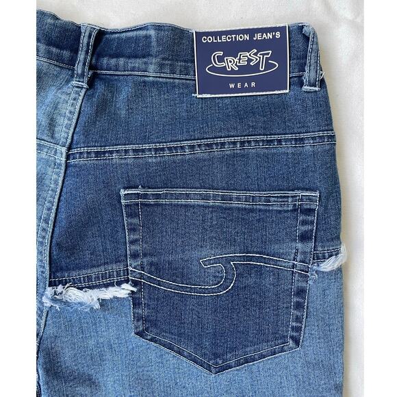 Y2K Denim Patchwork Capris Women's Size Small Midrise Stripe Paneled - Picture 4 of 9